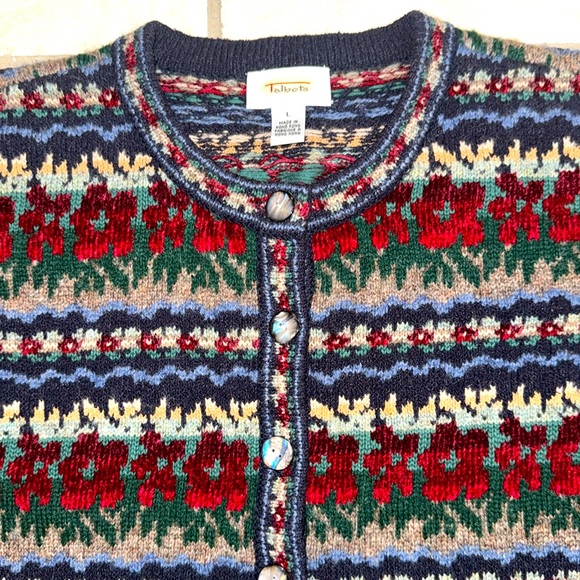 Talbot’s Large heavy wool Nordic Fair Isle red, navy green gray cardigan sweater - Picture 3 of 9